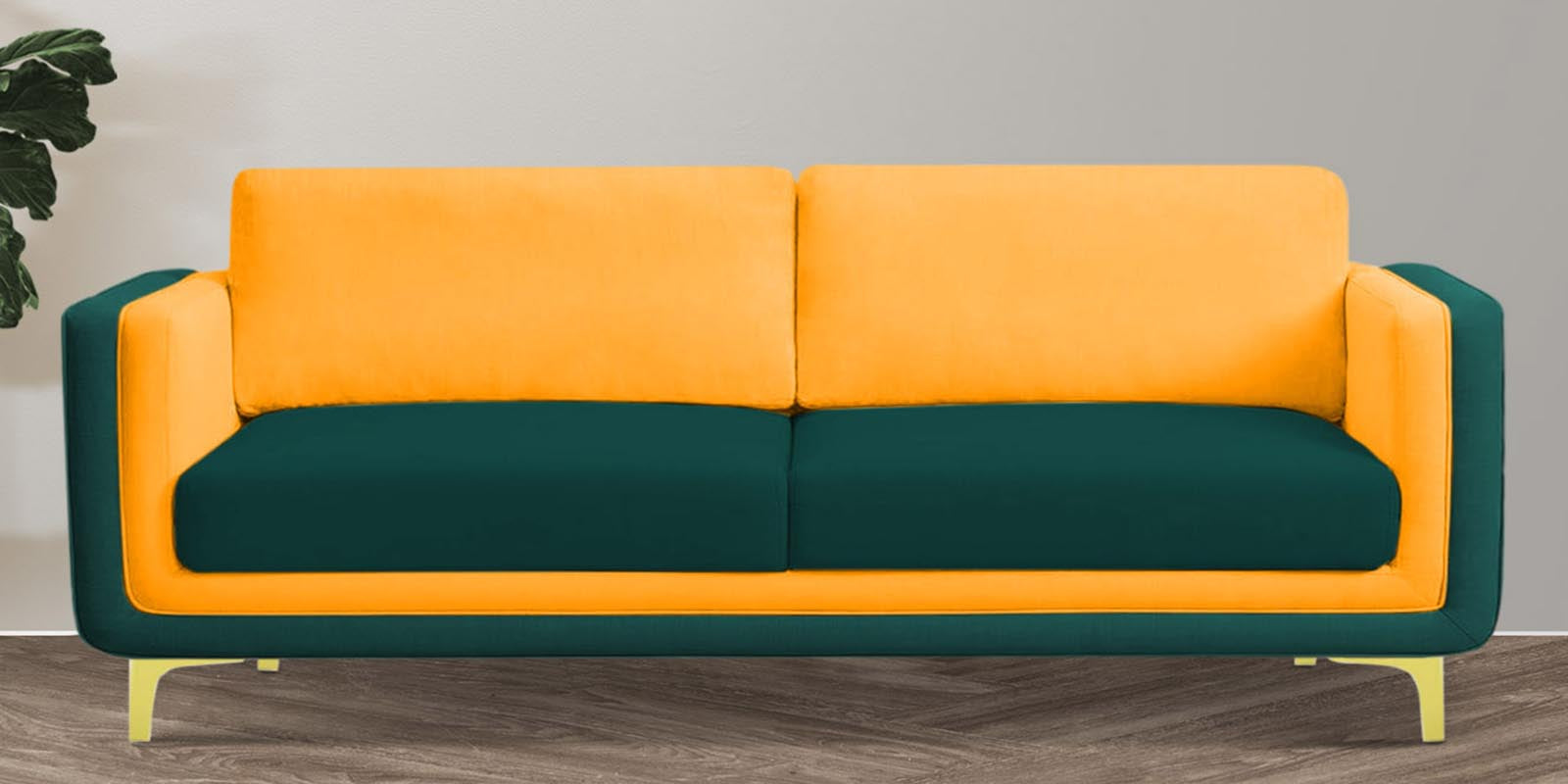 Visky Velvet 3 Seater Sofa in Saffron Yellow-Amazon Green Colour