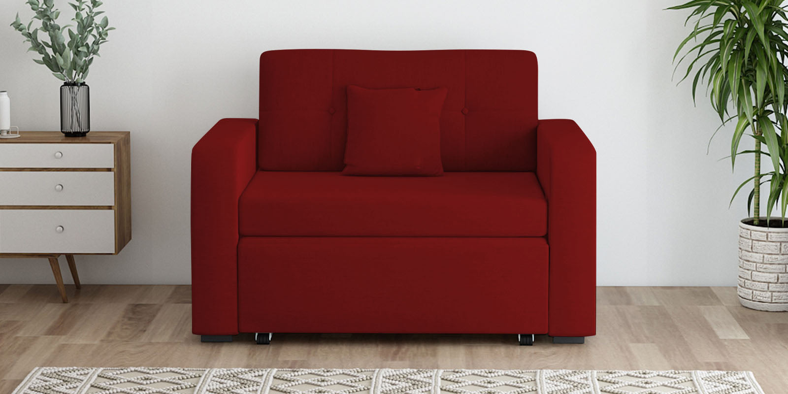 Rocky Fabric 2 Seater Pull Out Sofa Cum Bed In Blood Maroon Colour With Storage