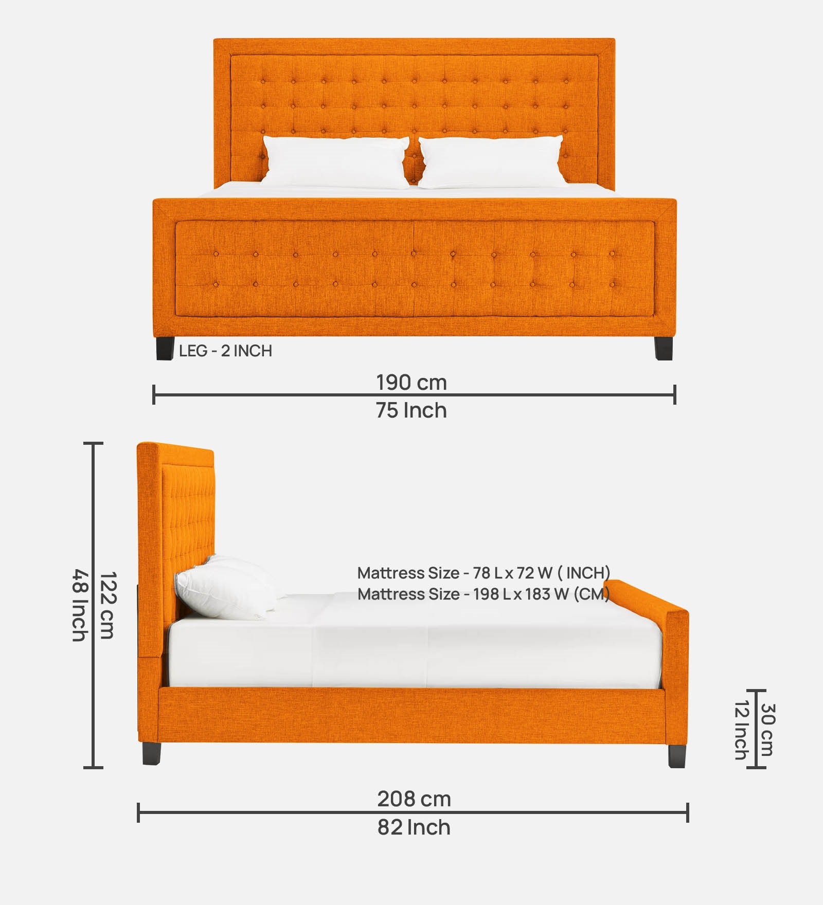 Kaster Fabric King Size Bed In Vivid Orange Colour
