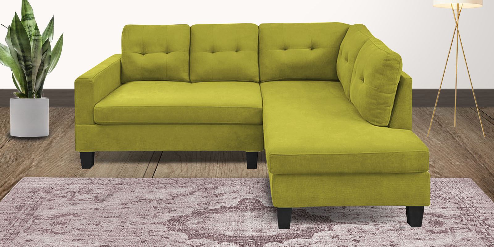 Thomas Fabric LHS Sectional Sofa (2+Lounger) in Parrot Green Colour