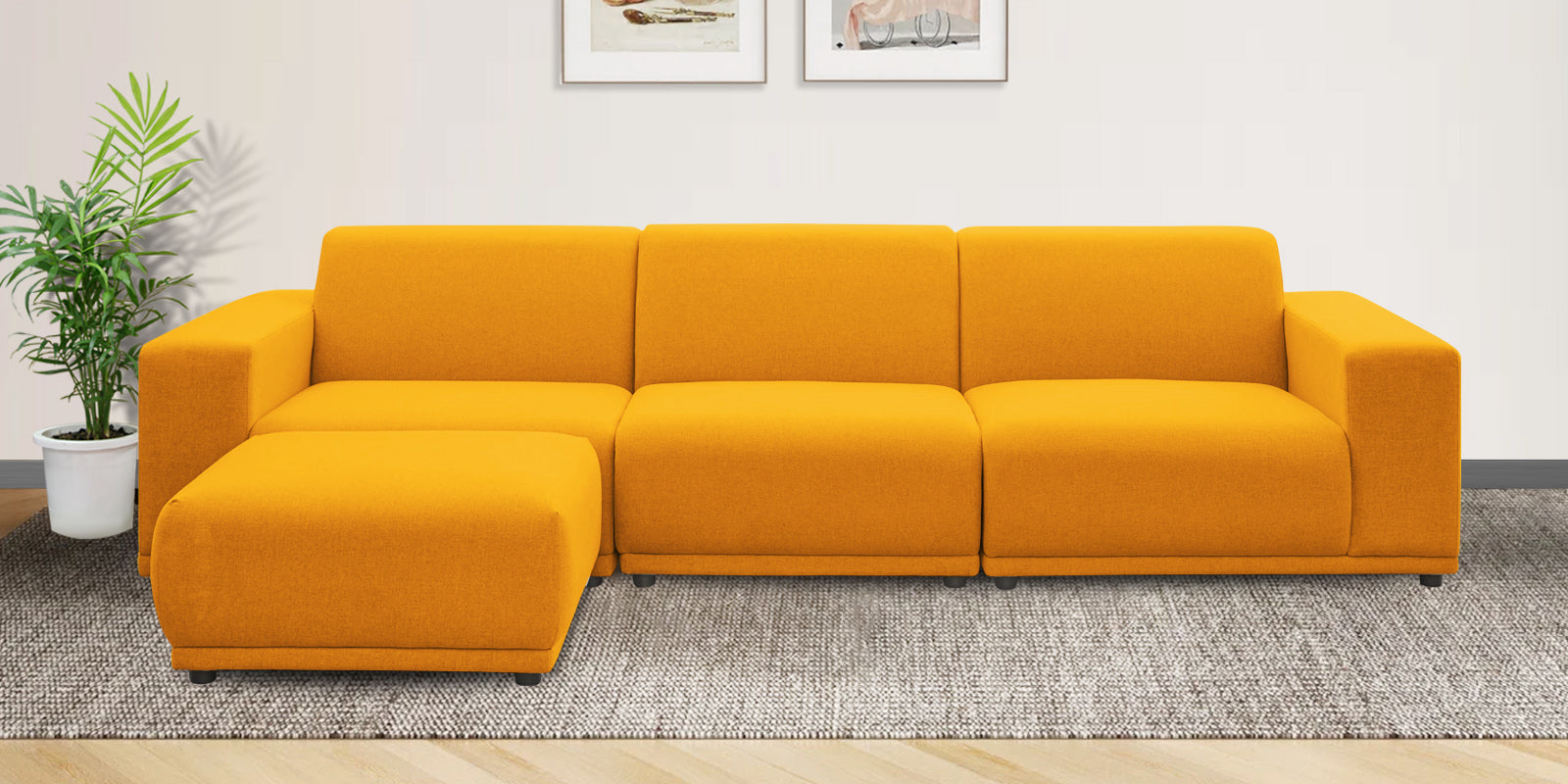 Adam Fabric LHS Sectional Sofa (3 + Lounger) In Bold Yellow Colour