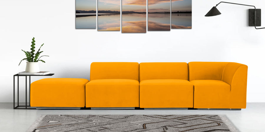 Bufa Velvet Lhs Sectional Sofa In Saffron Yellow Colour With Ottoman - Febonic Living