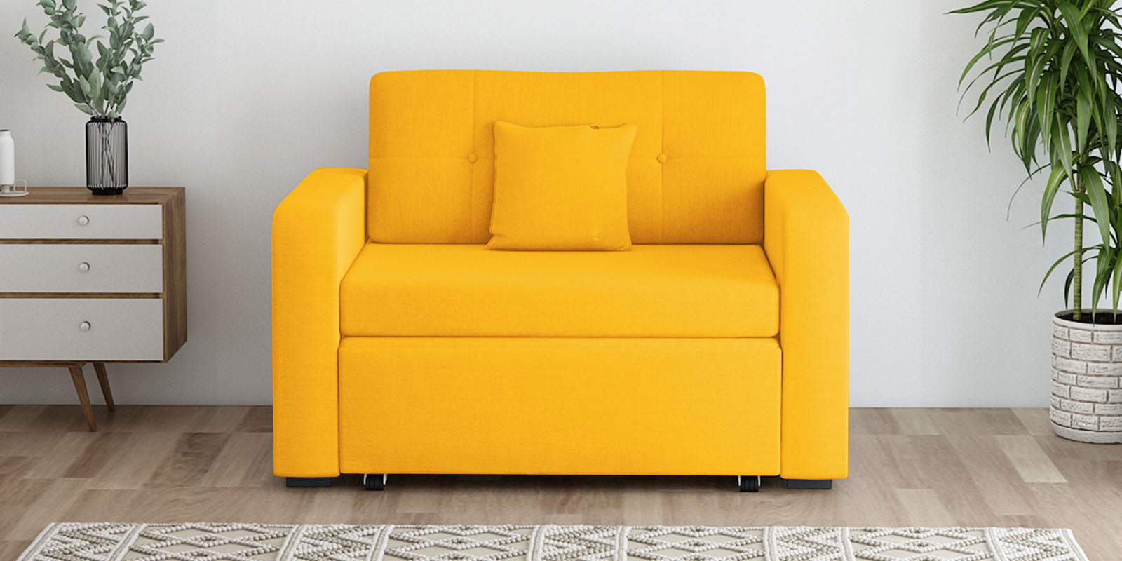 Rocky Fabric 2 Seater Pull Out Sofa Cum Bed In Bold Yellow Colour With Storage