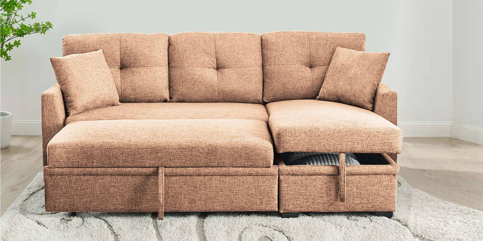 Jody Fabric 3 Seater Pull Out Sofa Cum Bed In Cosmic Beige Colour