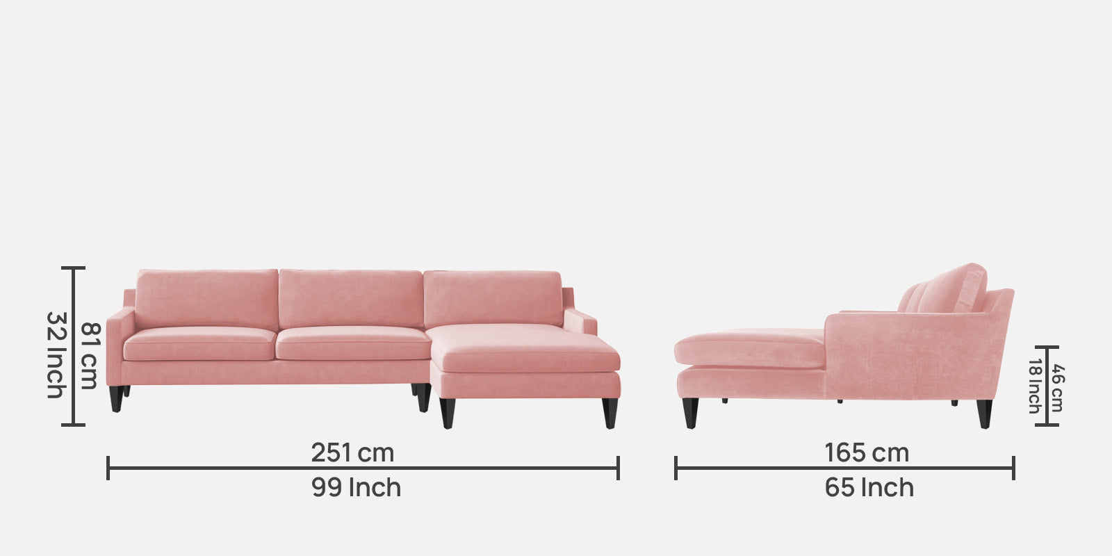 Jones Velvet LHS Sectional Sofa (3+Lounger) In Millennial Pink Colour