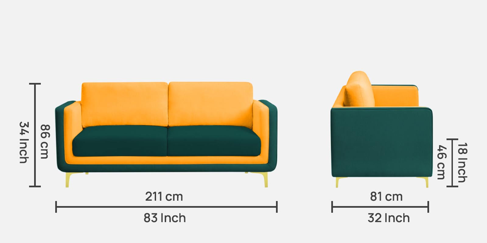 Visky Velvet 3 Seater Sofa in Saffron Yellow-Amazon Green Colour