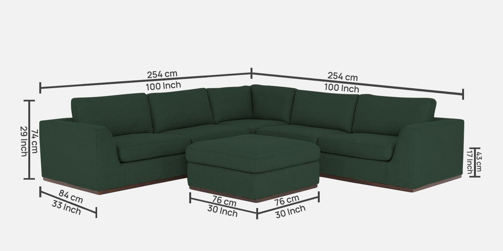 Freedom Velvet 6 Seater LHS Sectional Sofa In Amazon Green Colour With Ottoman