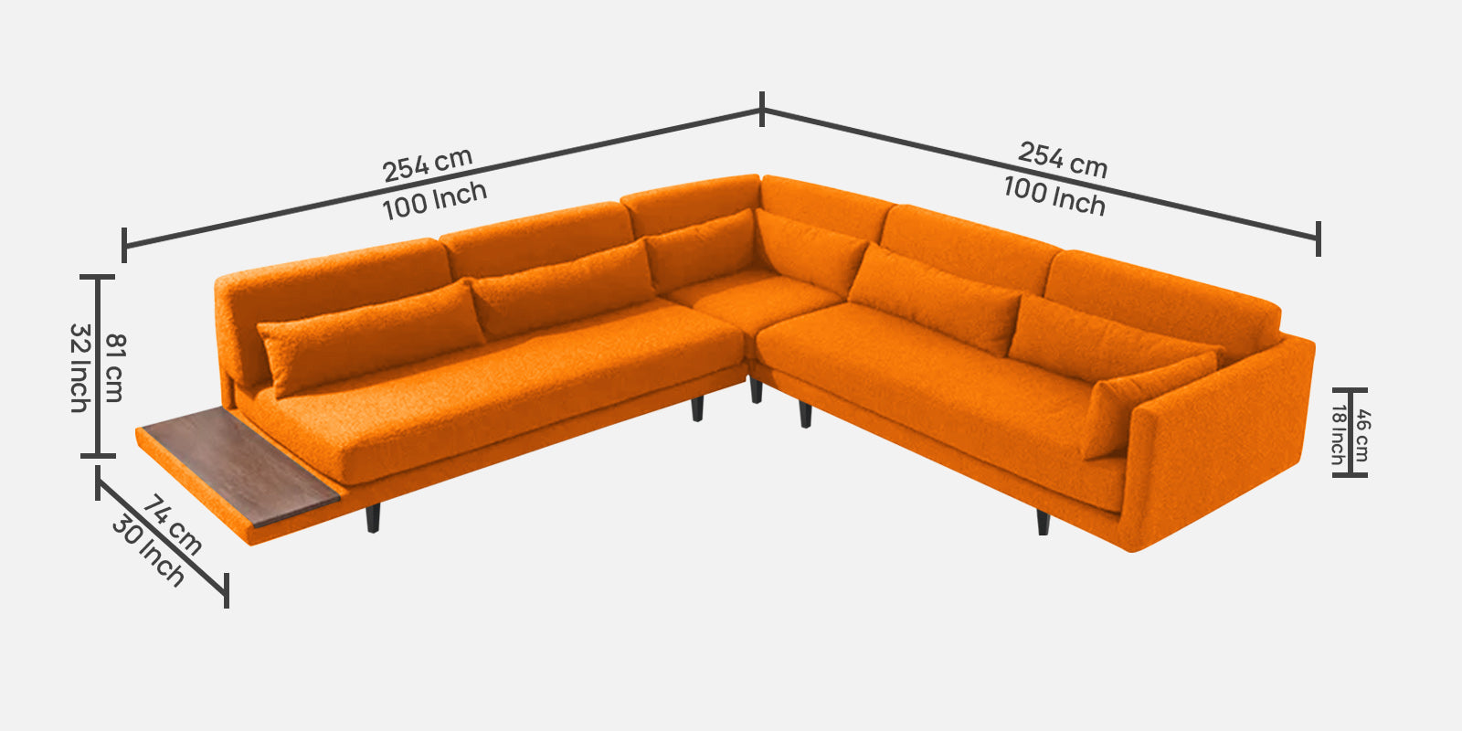 Malta Fabric 6 Seater RHS Sectional Sofa In vivid orange Colour