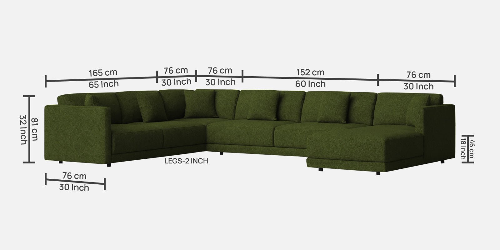 Carlin Fabric LHS 8 Seater Sectional Sofa In Olive Green Colour