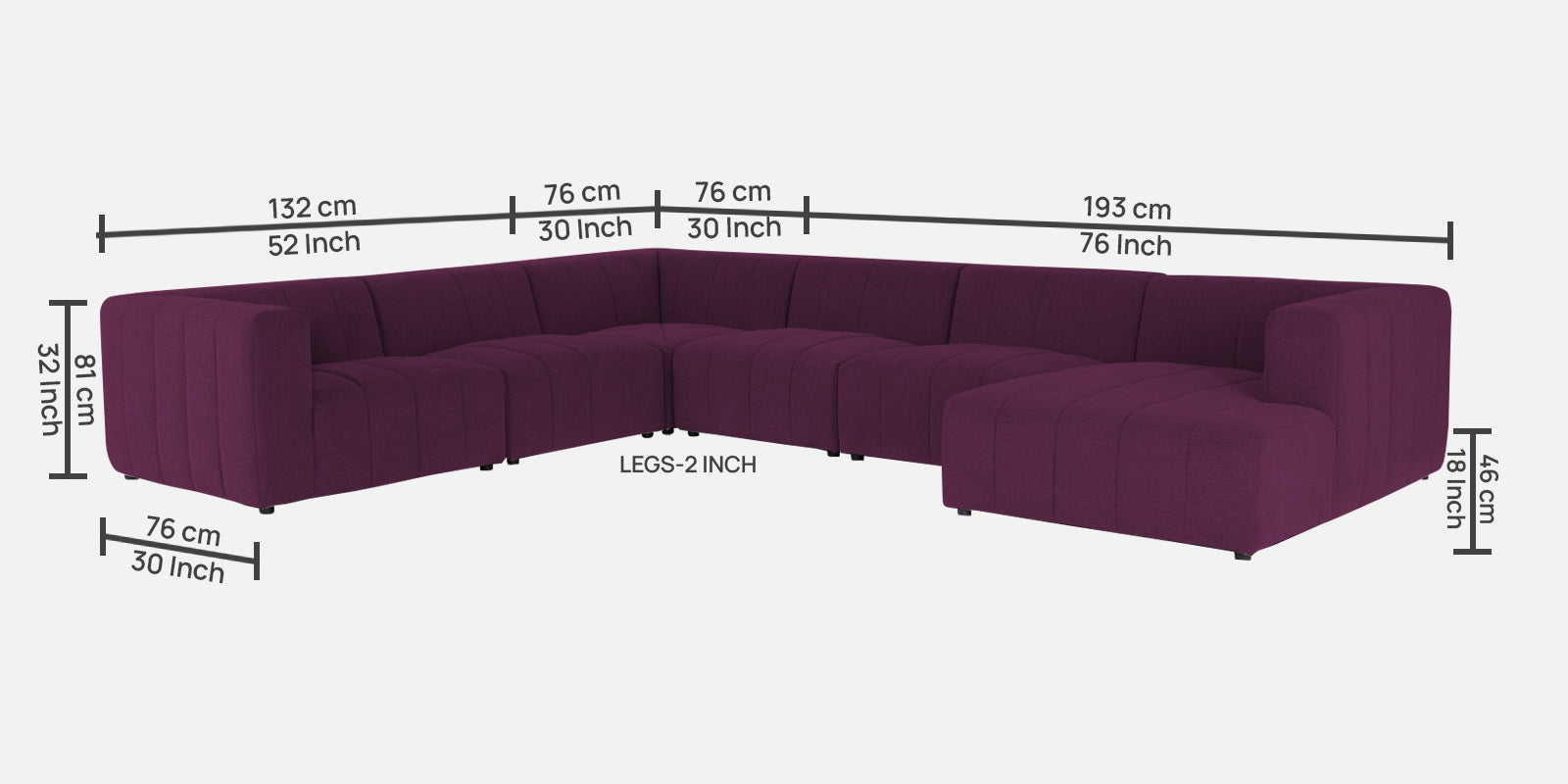 Damo Fabric LHS 8 Seater Sectional Sofa In Greek Purple Colour