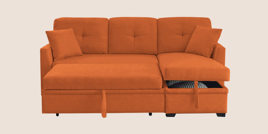 Jody Fabric 3 Seater Pull Out Sofa Cum Bed In Vivid Orange Colour With Storage - Febonic Living
