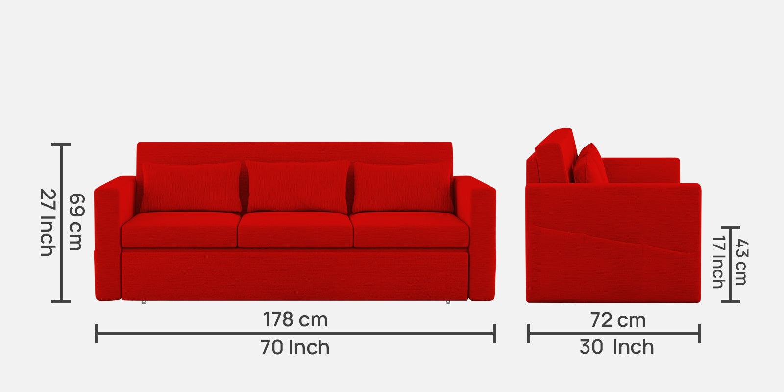 River Fabric 3 Seater Pull Out Sofa Cum Bed In Ruby Red Colour