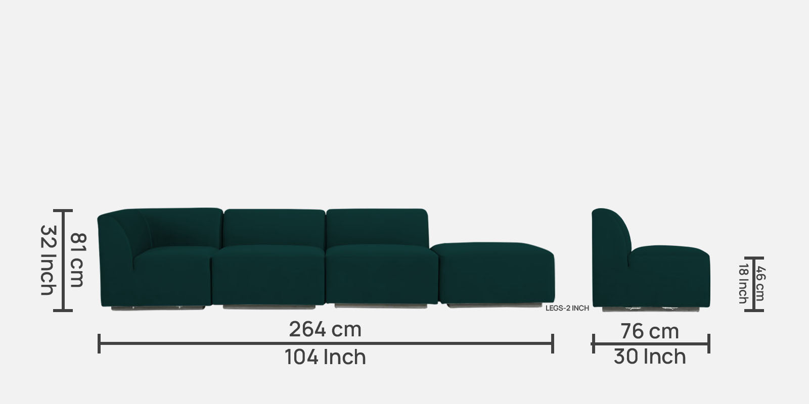 Bufa Velvet RHS Sectional Sofa In Forest Green Colour With Ottoman