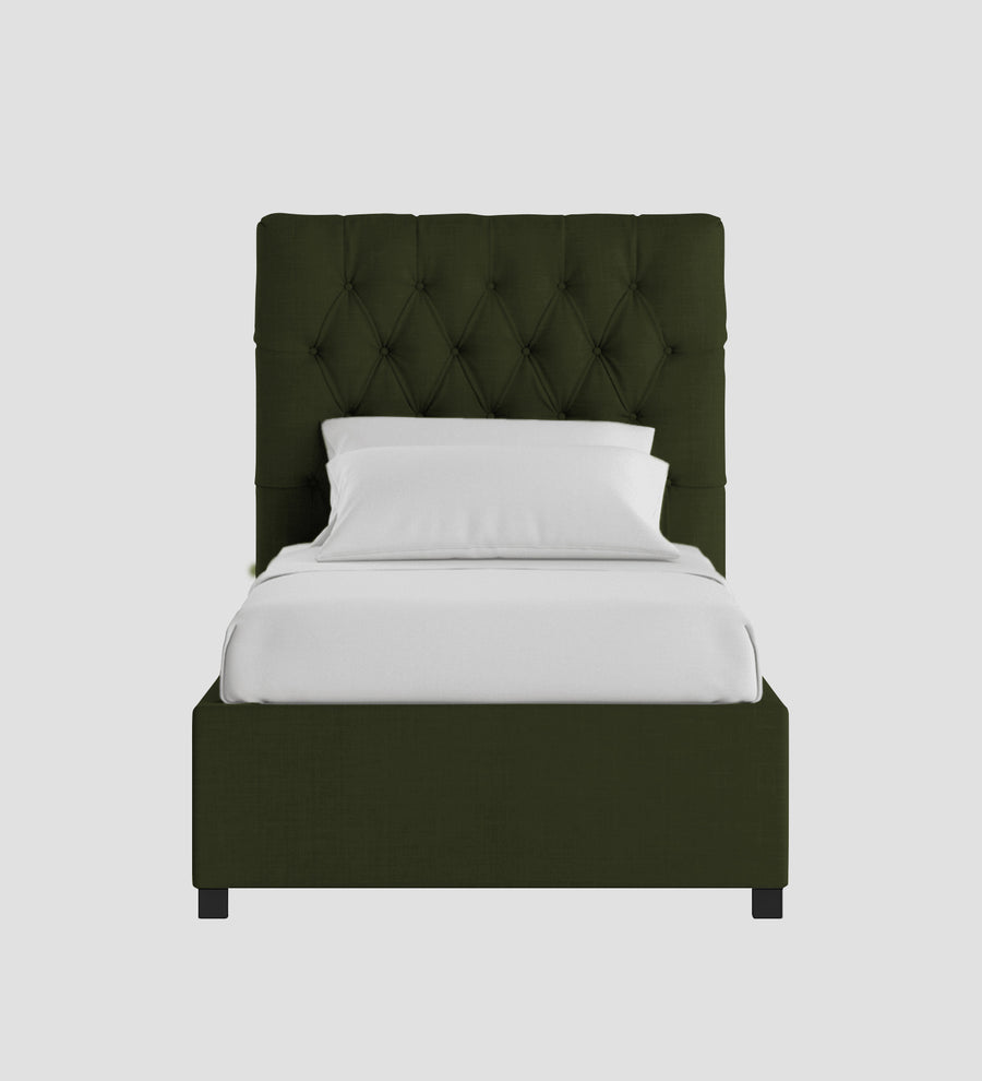 Isko Fabric Upholstered Single Size Bed In Olive Green Colour With Box Storage - Febonic Living