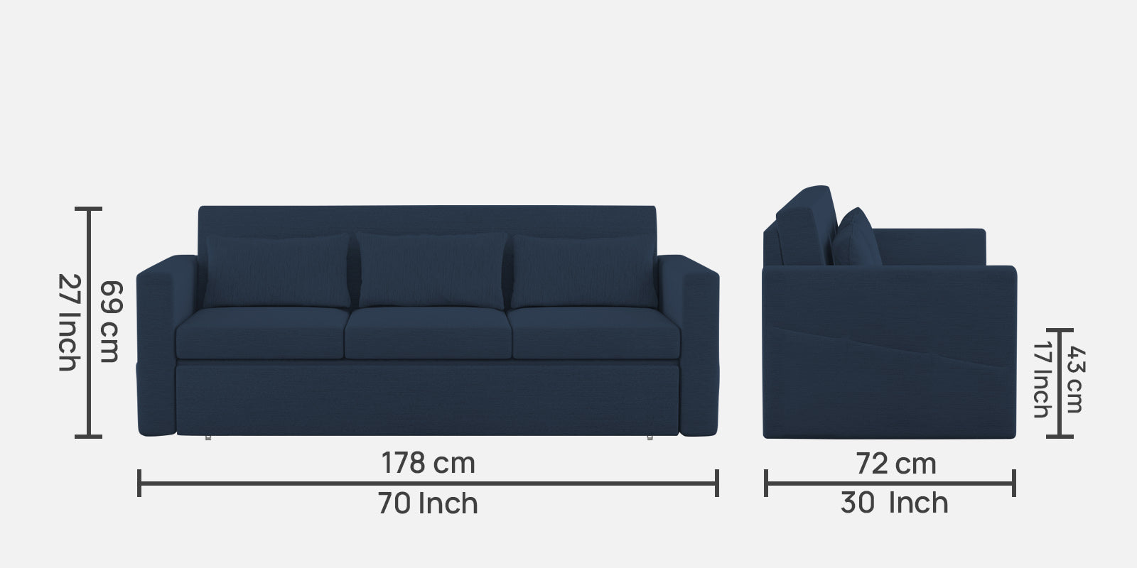 River Fabric 3 Seater Pull Out Sofa Cum Bed In Denim Blue Colour