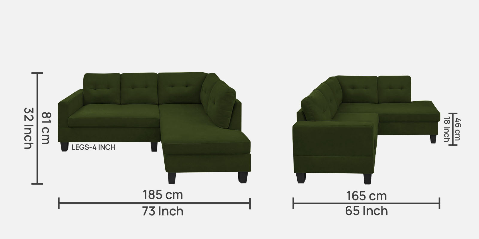 Thomas Fabric LHS Sectional Sofa (2+Lounger) in Olive Green Colour