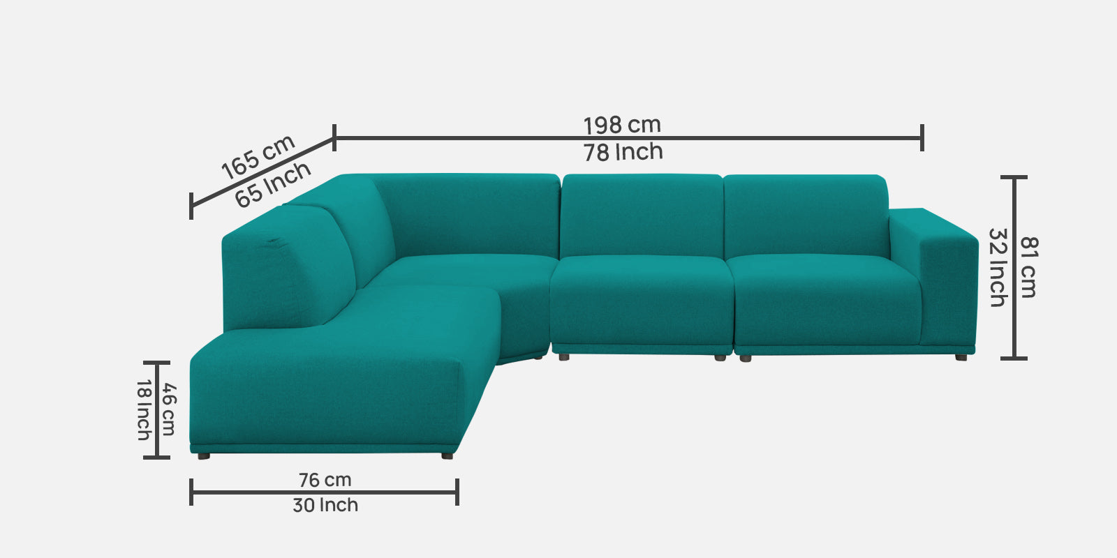 Adam Fabric RHS Sectional Sofa (3 + Lounger) In Sea green Colour