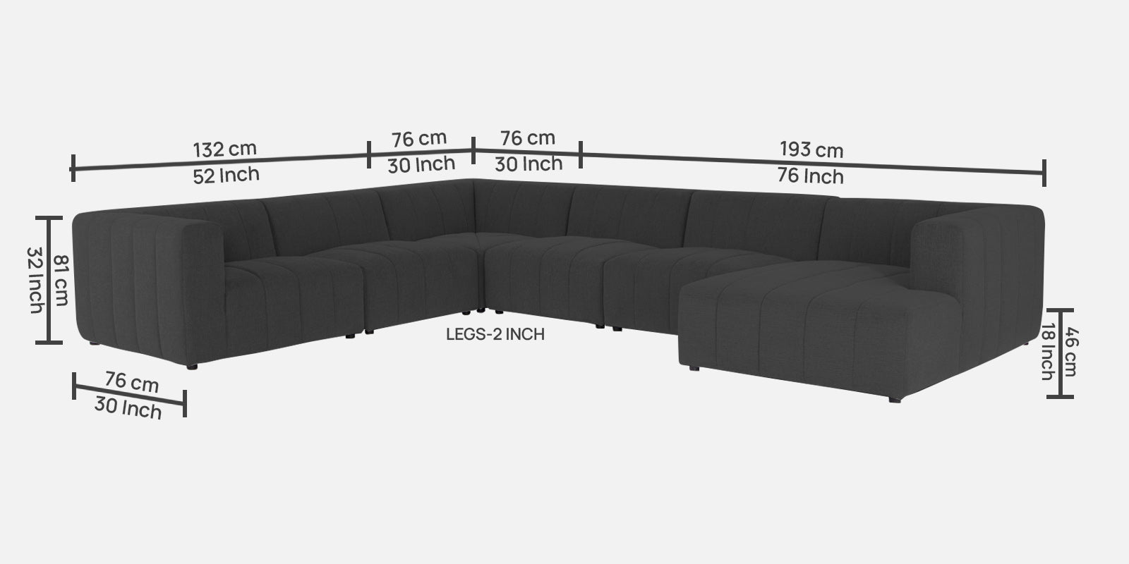 Damo Fabric RHS 8 Seater Sectional Sofa In Charcoal Grey Colour