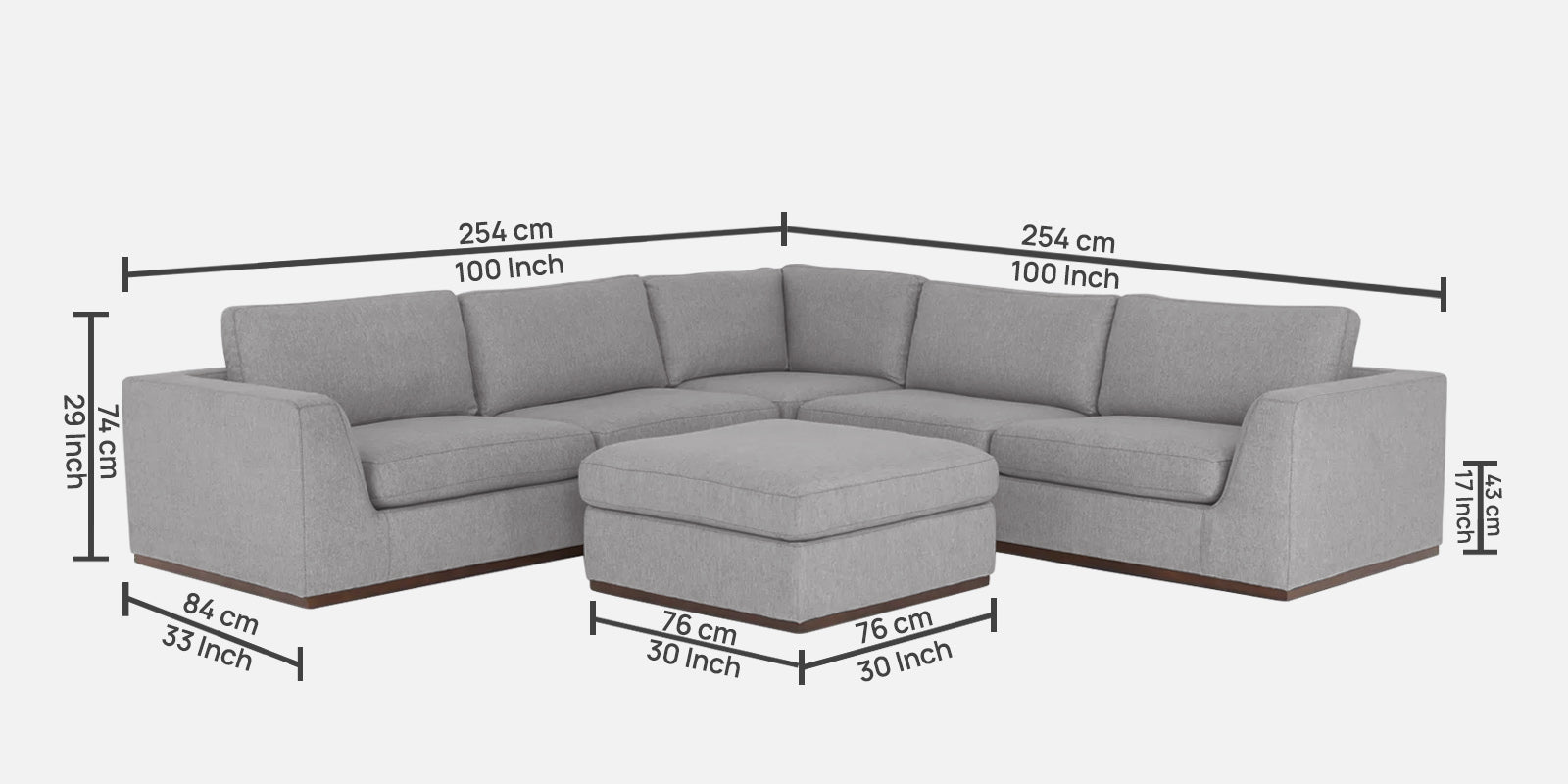 Freedom Velvet 6 Seater LHS Sectional Sofa In light grey Colour With Ottoman