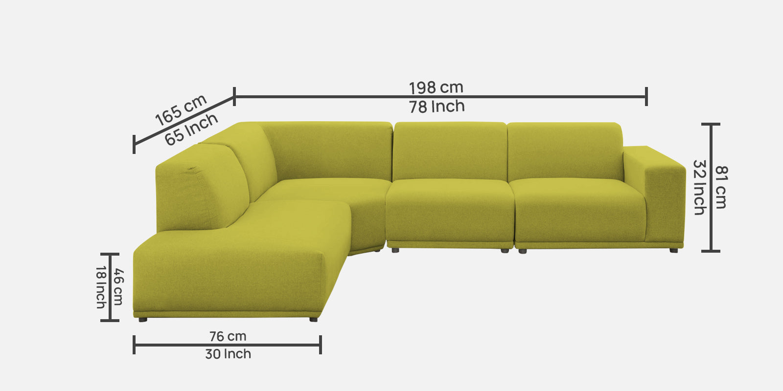 Adam Fabric LHS Sectional Sofa (3 + Lounger) In Parrot Green Colour