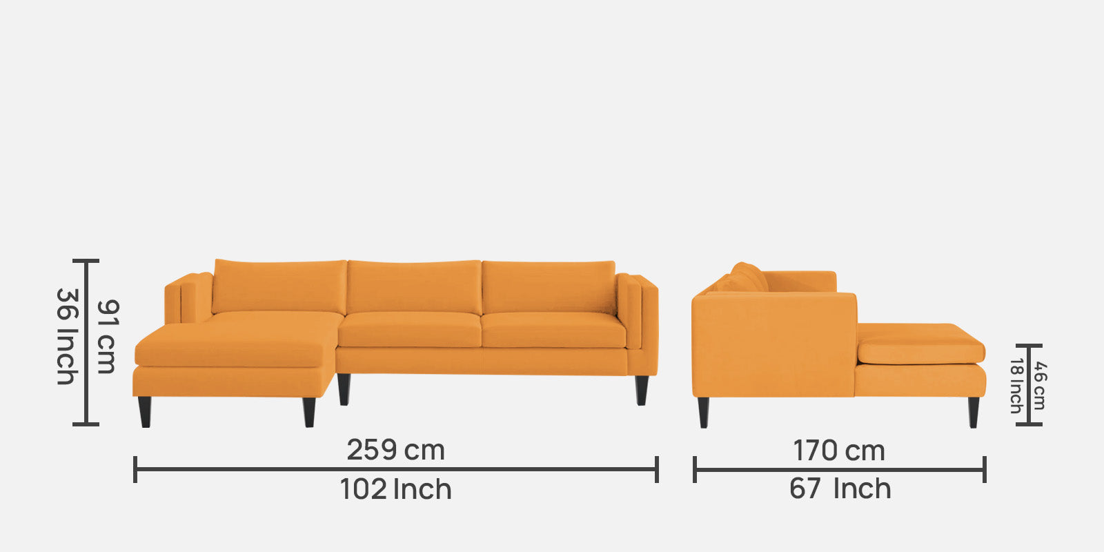 Jasper Velvet RHS Sectional Sofa (3+Lounger) in Tangerine orange Colour