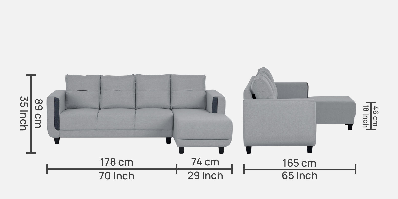 Perry Fabric RHS Sectional Sofa (3+Lounger) in Lit Grey Colour