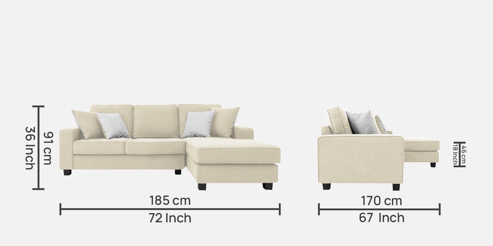 Ladybug Fabric LHS Sectional Sofa (2+Lounger) In Ivory Cream Colour