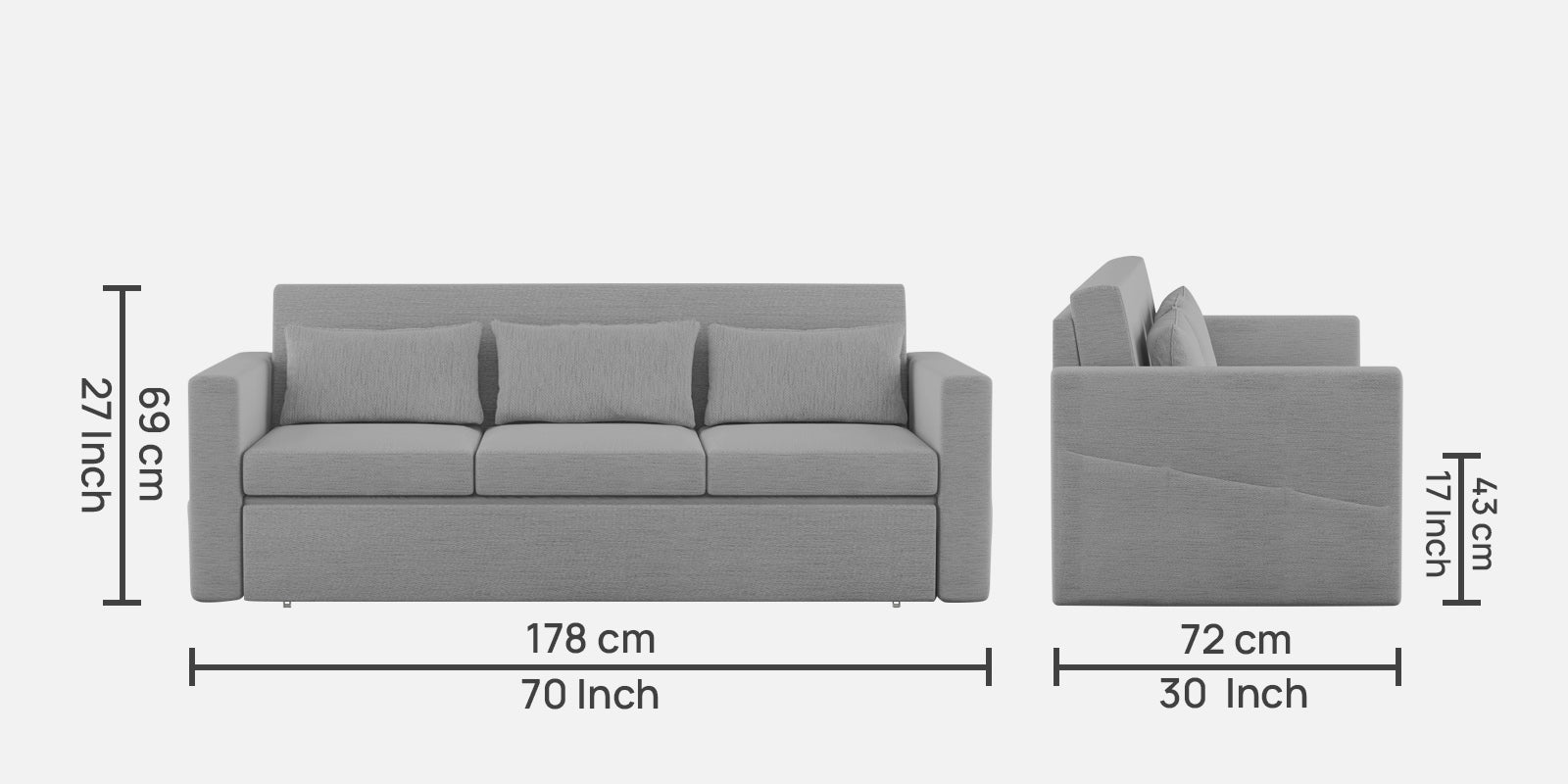 River Fabric 3 Seater Pull Out Sofa Cum Bed In lit Grey Colour