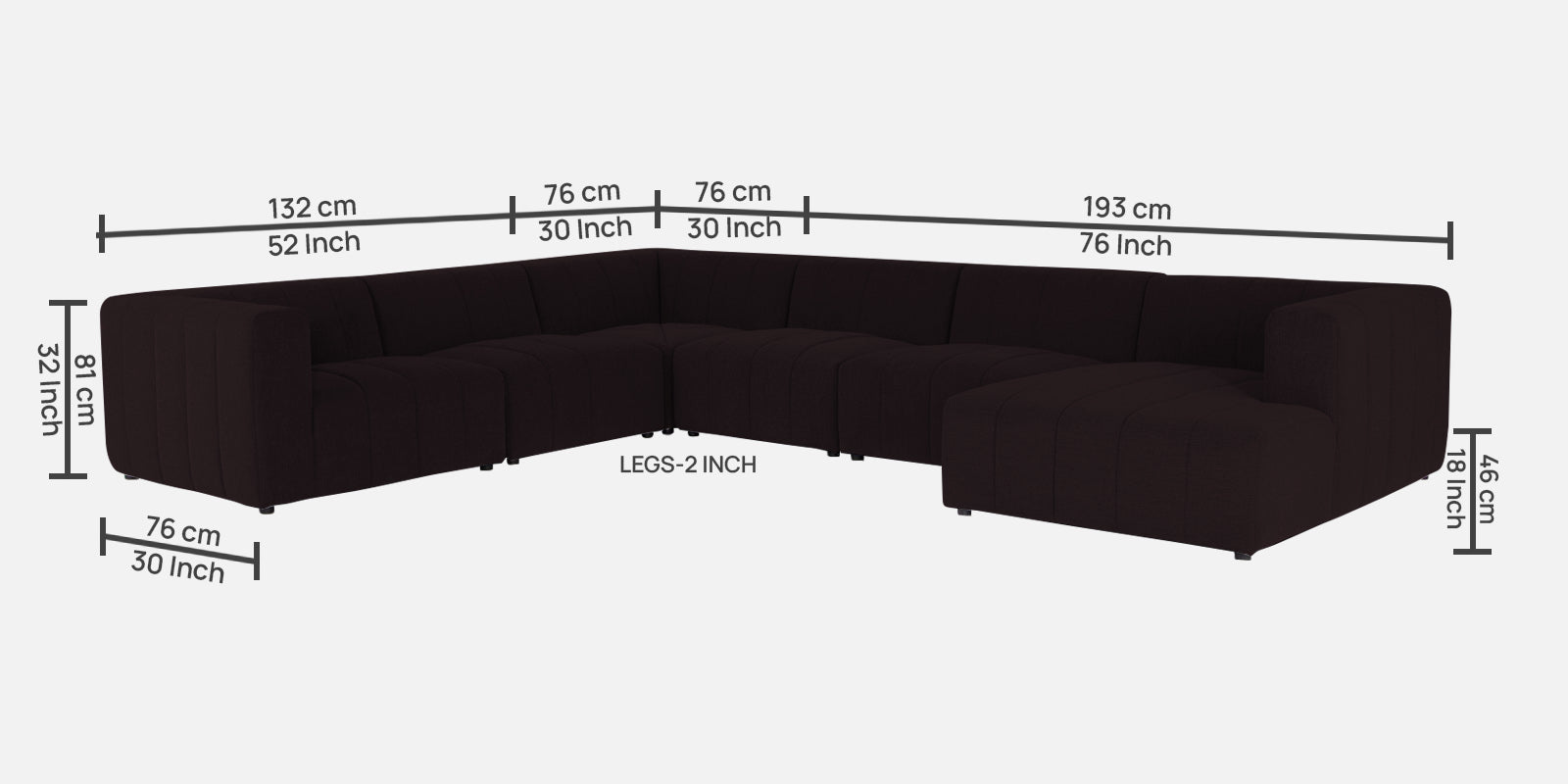 Damo Fabric RHS 8 Seater Sectional Sofa In Cara Brown Colour