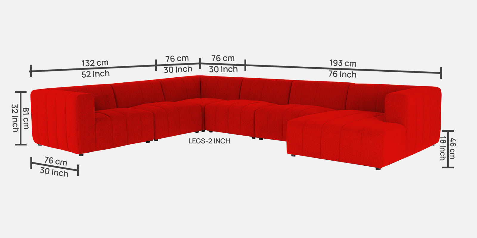 Damo Fabric LHS 8 Seater Sectional Sofa In Ruby Red Colour