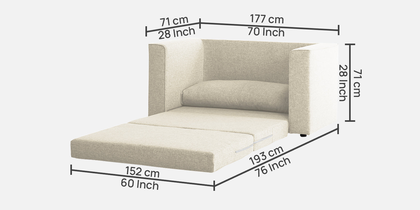 Kenia Fabric 2 Seater Convertible Sofa Cum Bed in Ivory cream Colour