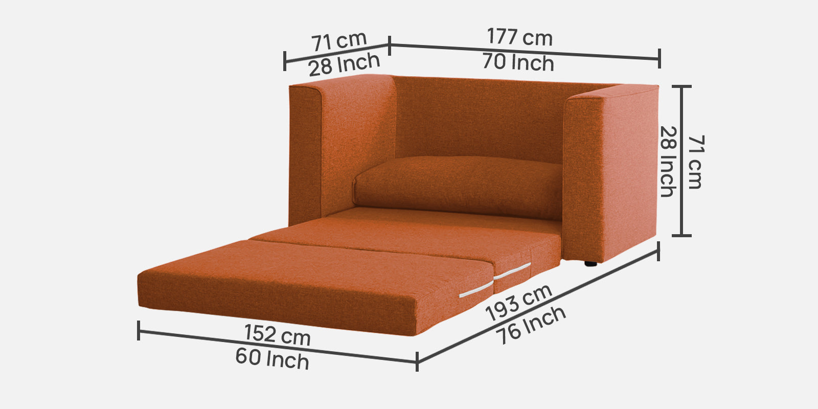 Kenia Fabric 2 Seater Convertible Sofa Cum Bed in Vivid Orange Colour