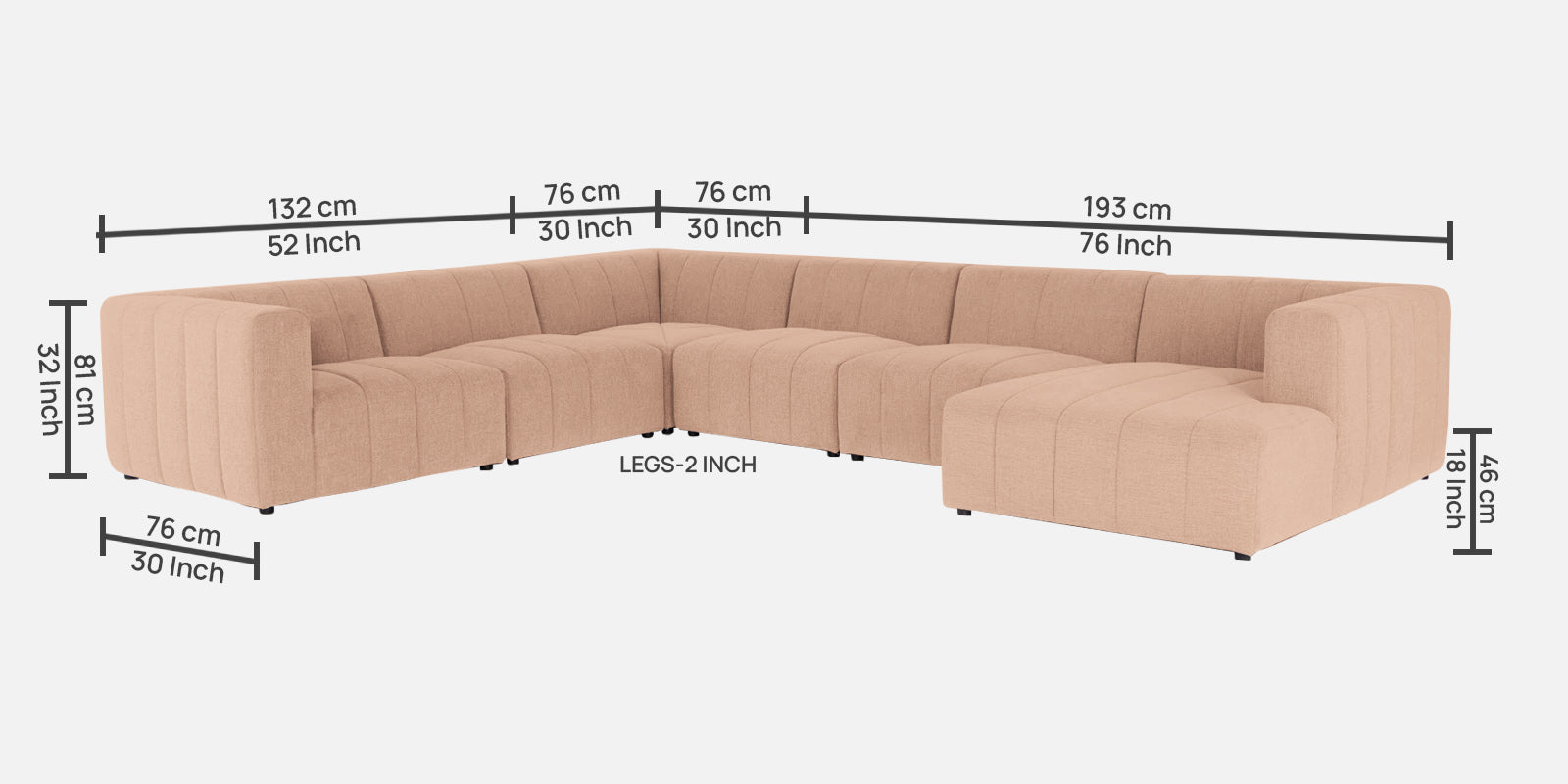 Damo Fabric RHS 8 Seater Sectional Sofa In Cosmic Beige Colour