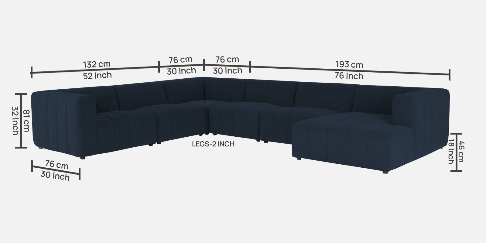 Damo Fabric RHS 8 Seater Sectional Sofa In Denim Blue Colour