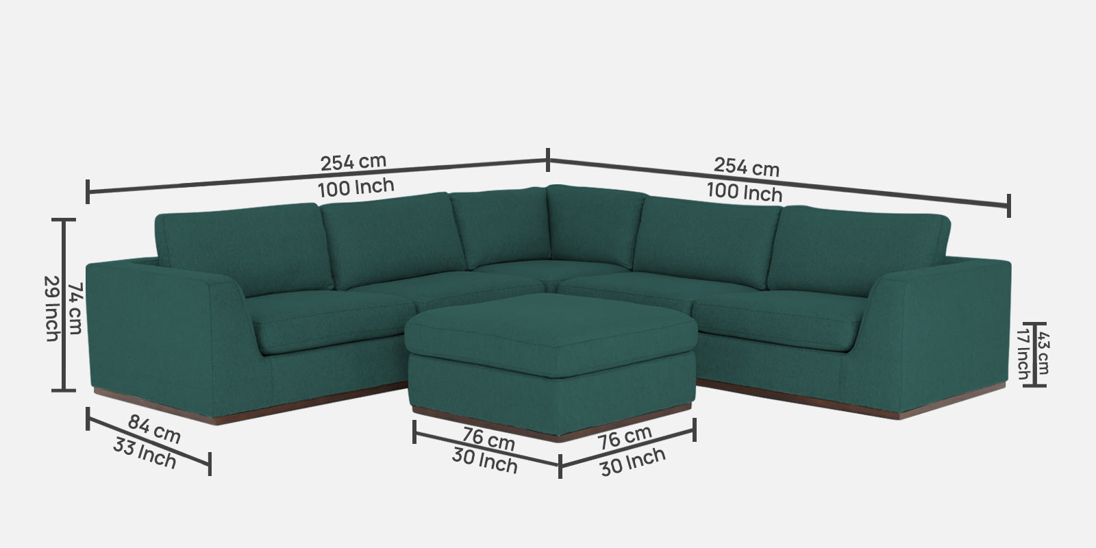 Freedom Velvet 6 Seater LHS Sectional Sofa In Pine Green Colour With Ottoman