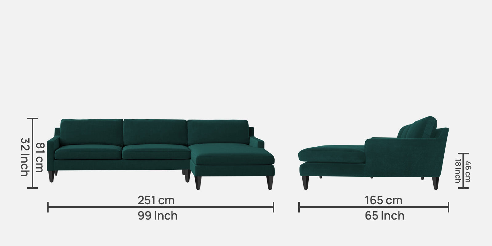 Jones Velvet LHS Sectional Sofa (3+Lounger) In Pine Green Colour