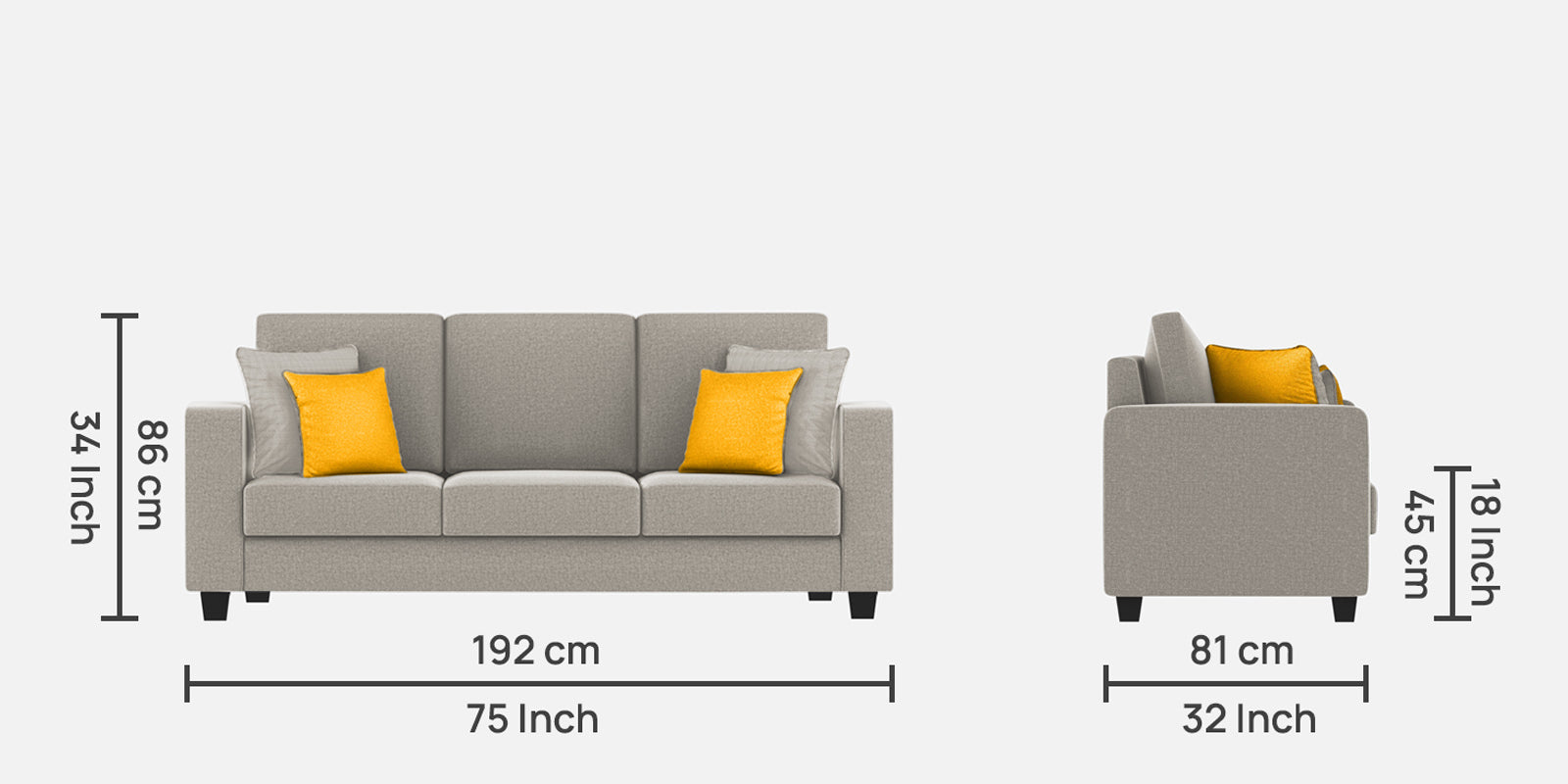 Nabi Fabric 3 Seater Sofa In Ash Grey Colour