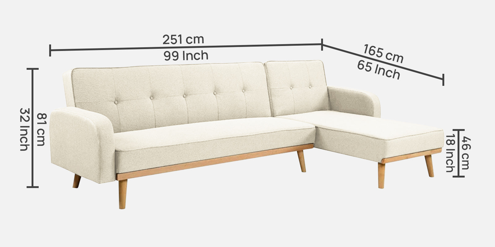 Zuno Fabric RHS Sectional + Sofa Cum Bed In Ivory Cream Colour