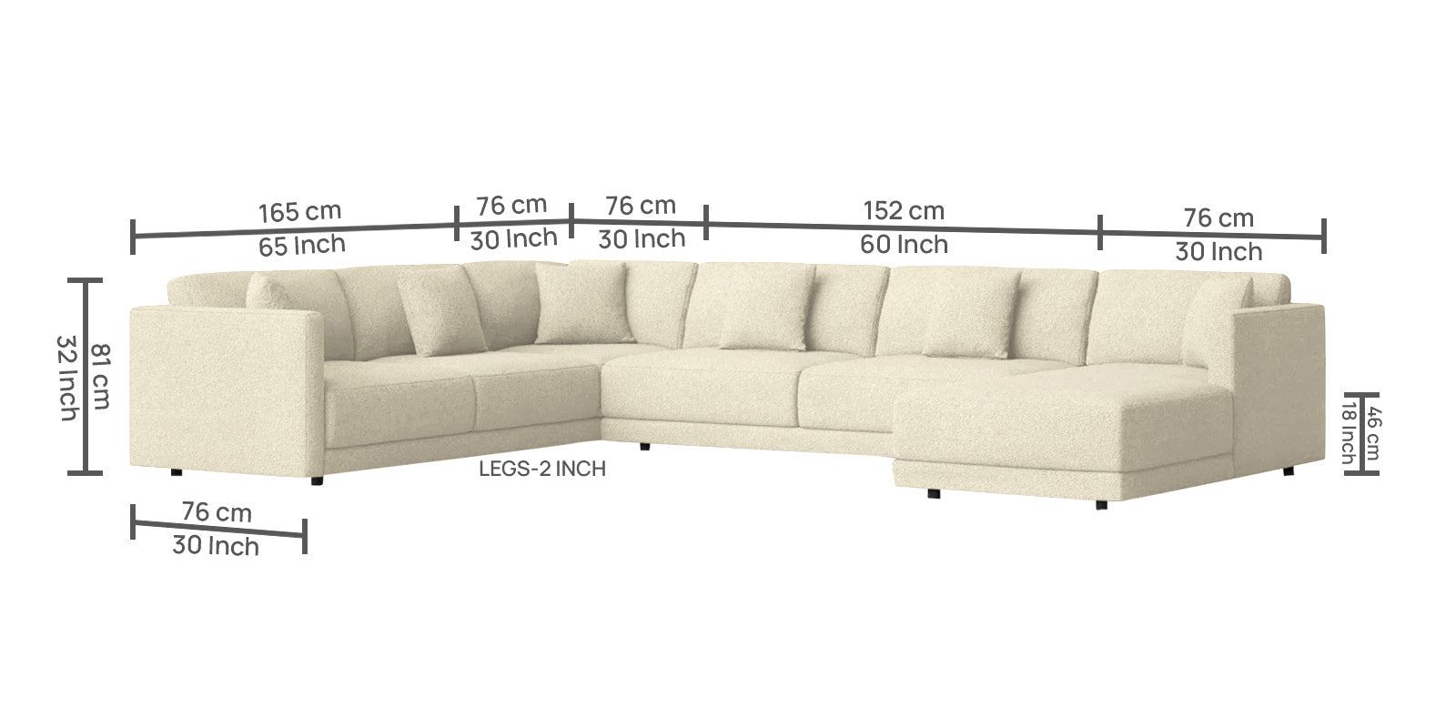 Carlin Fabric LHS 8 Seater Sectional Sofa In Ivory Beige Colour