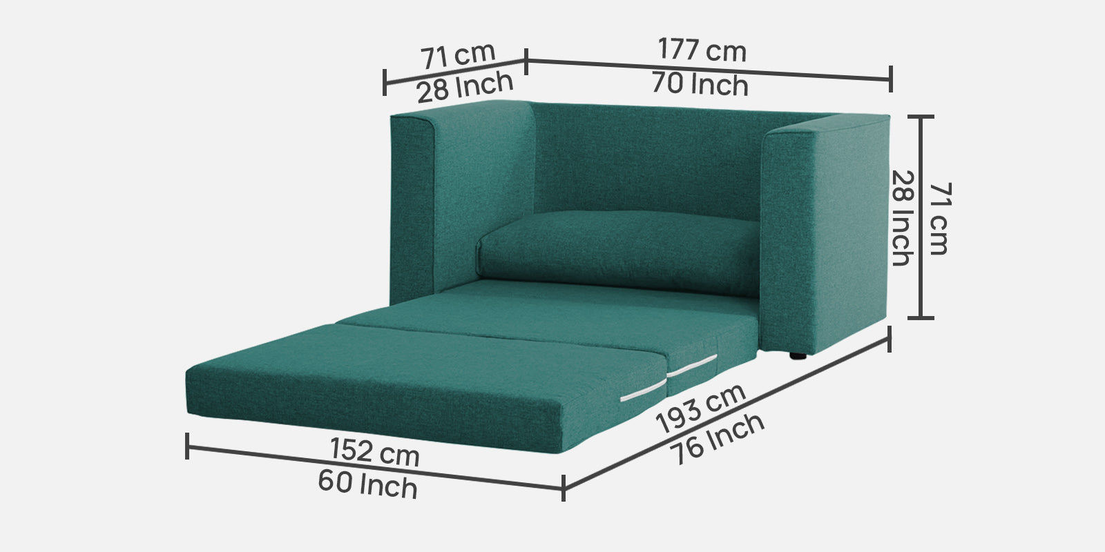 Kenia Fabric 2 Seater Convertible Sofa Cum Bed in Sea Green Colour