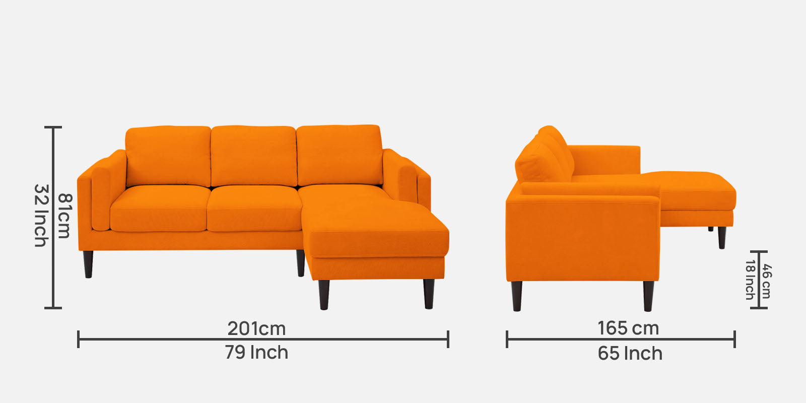 Creata Fabric LHS Sectional Sofa (2+Lounger) in Vivid Orange Colour by Febonic