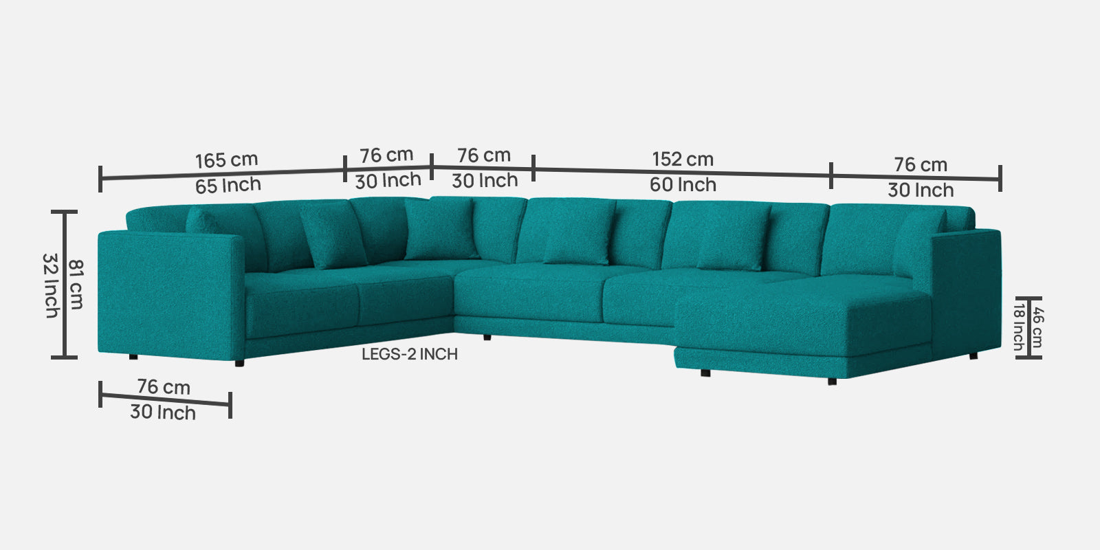 Carlin Fabric LHS 8 Seater Sectional Sofa In Sea Green Colour