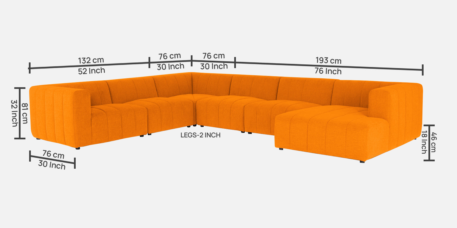 Damo Fabric LHS 8 Seater Sectional Sofa In Vivid Orange Colour