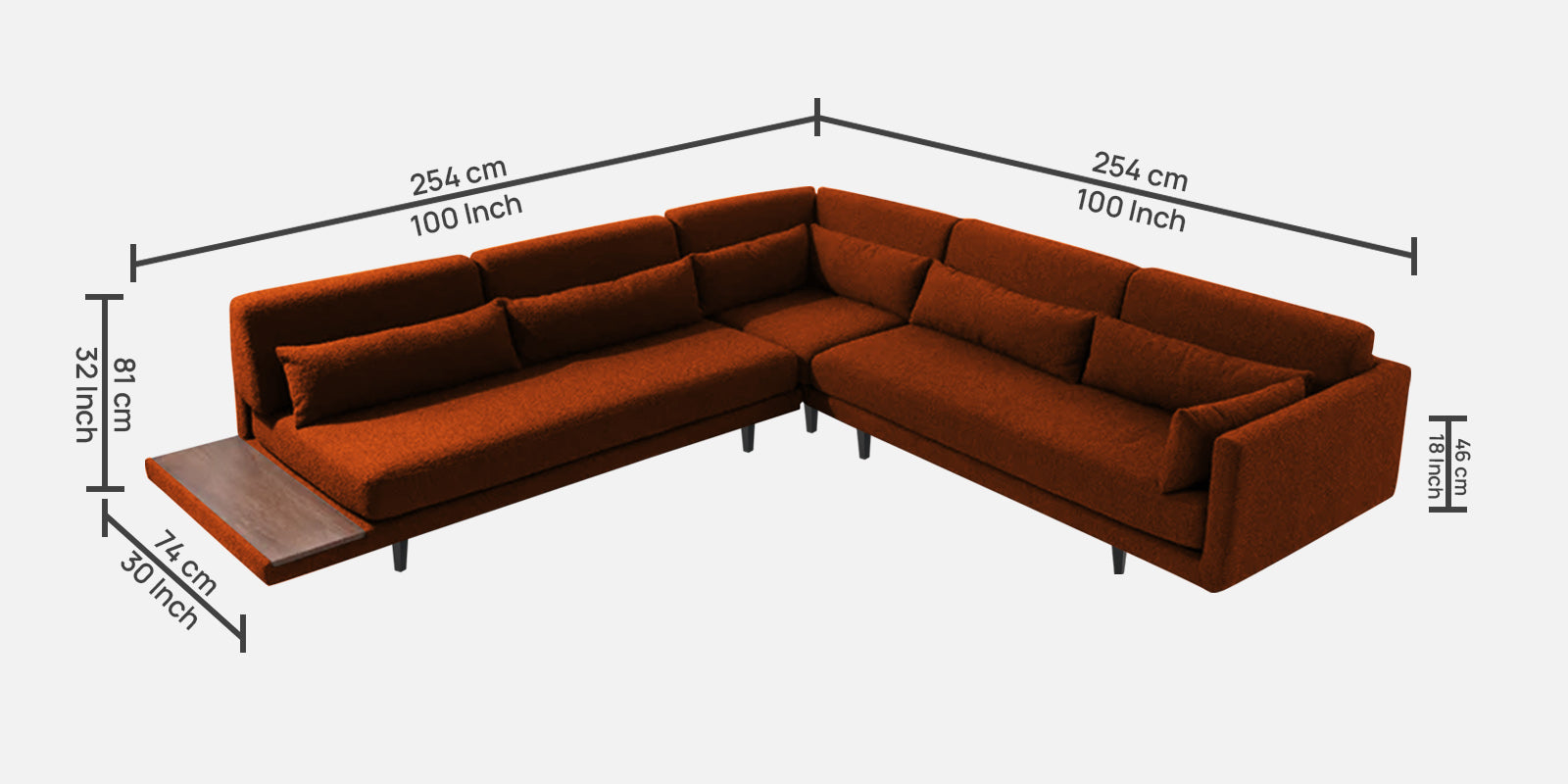 Malta Fabric 6 Seater LHS Sectional Sofa In Burnt Orange Colour