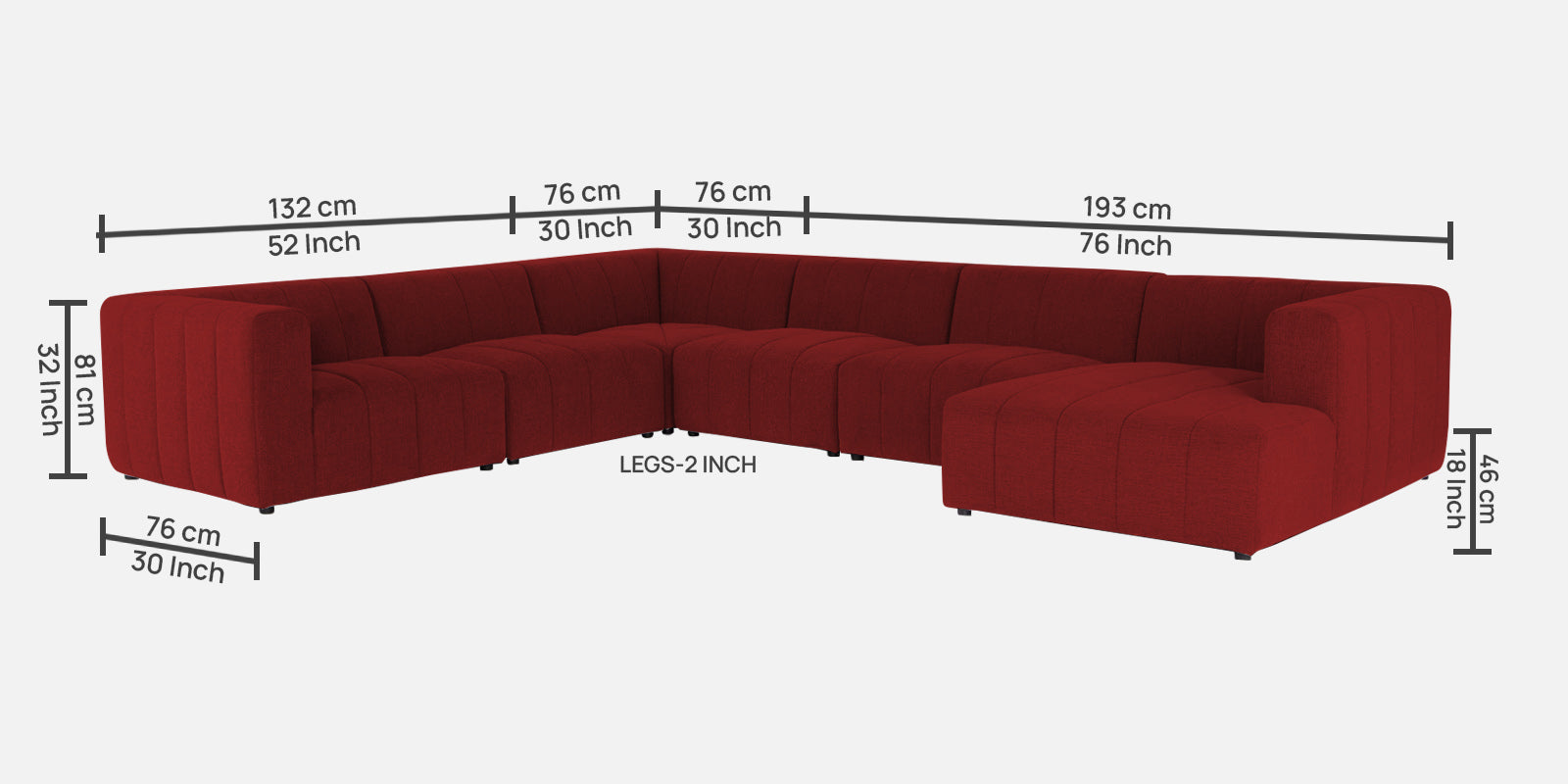 Damo Fabric RHS 8 Seater Sectional Sofa In Blood Maroon Colour