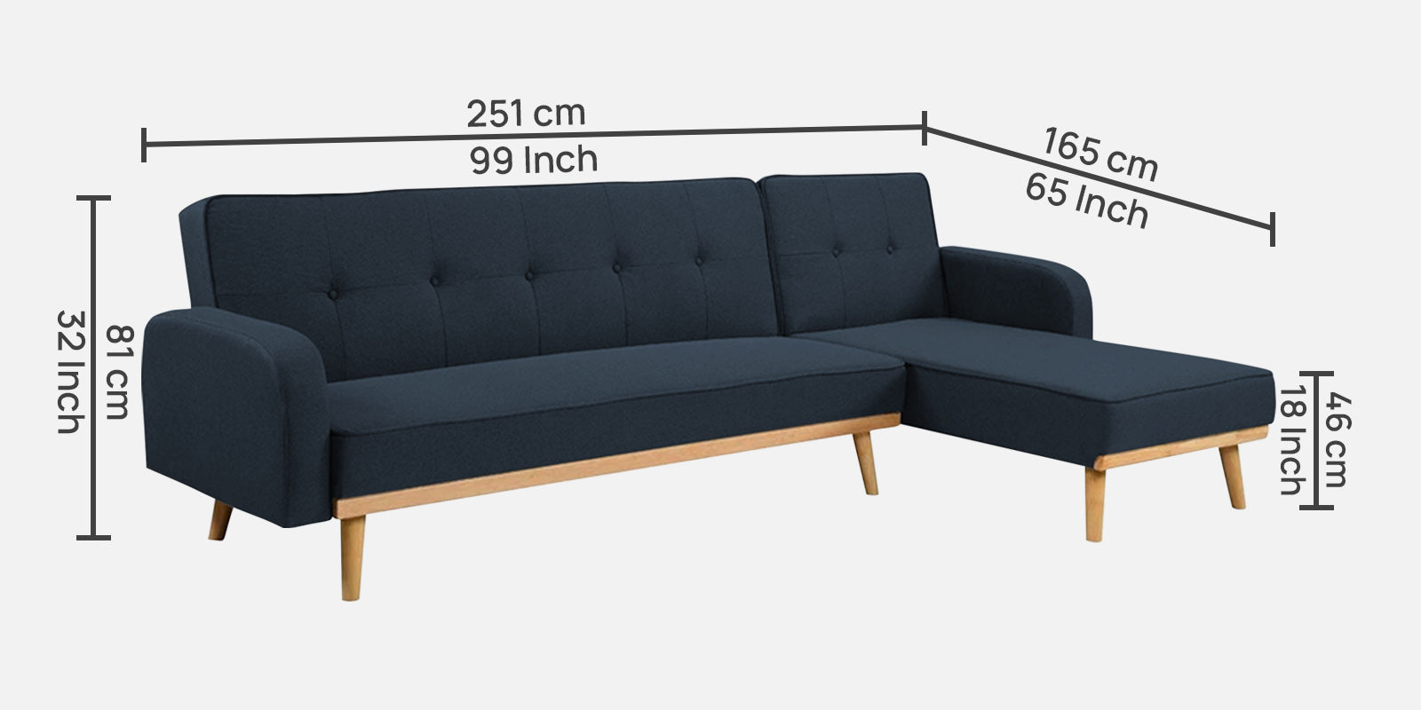 Zuno Fabric RHS Sectional + Sofa Cum Bed In Denim Blue Colour