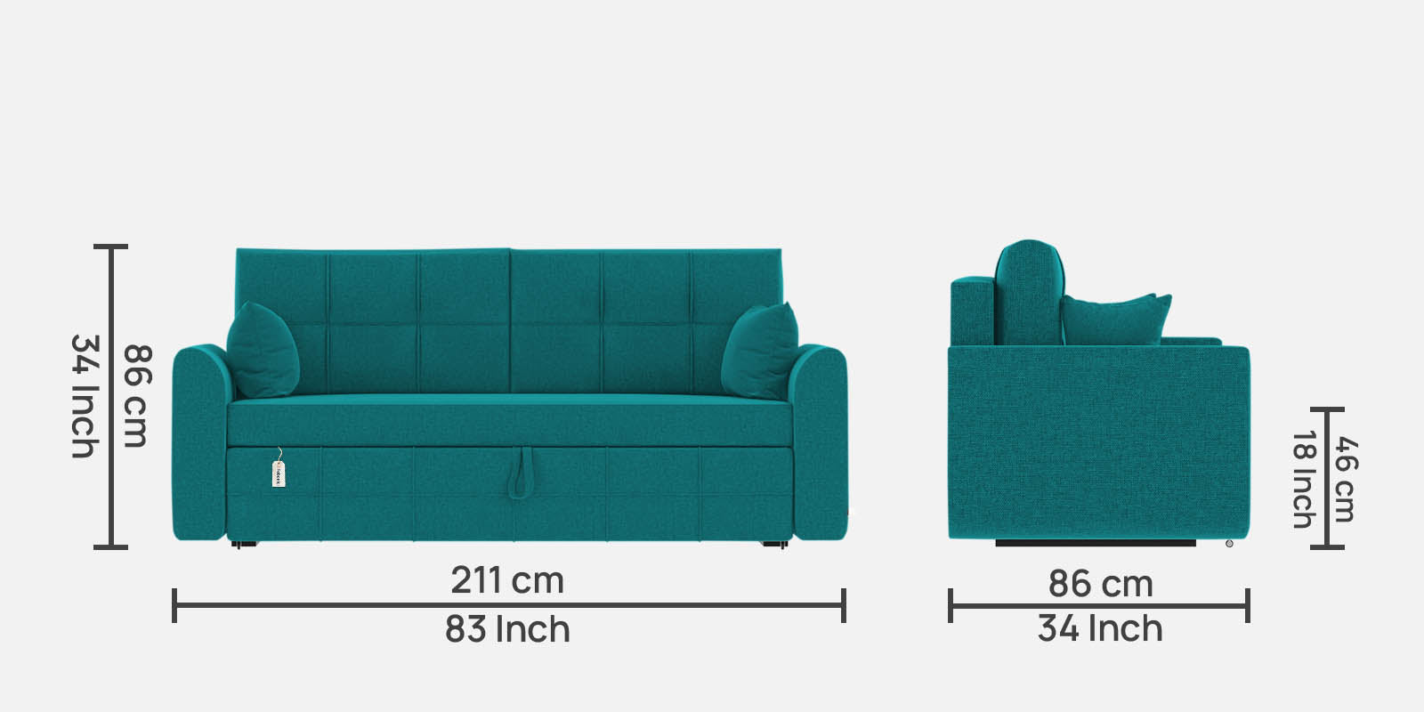 Kolee Fabric 3 Seater Pull Out Sofa Cum Bed In Sea Green Colour