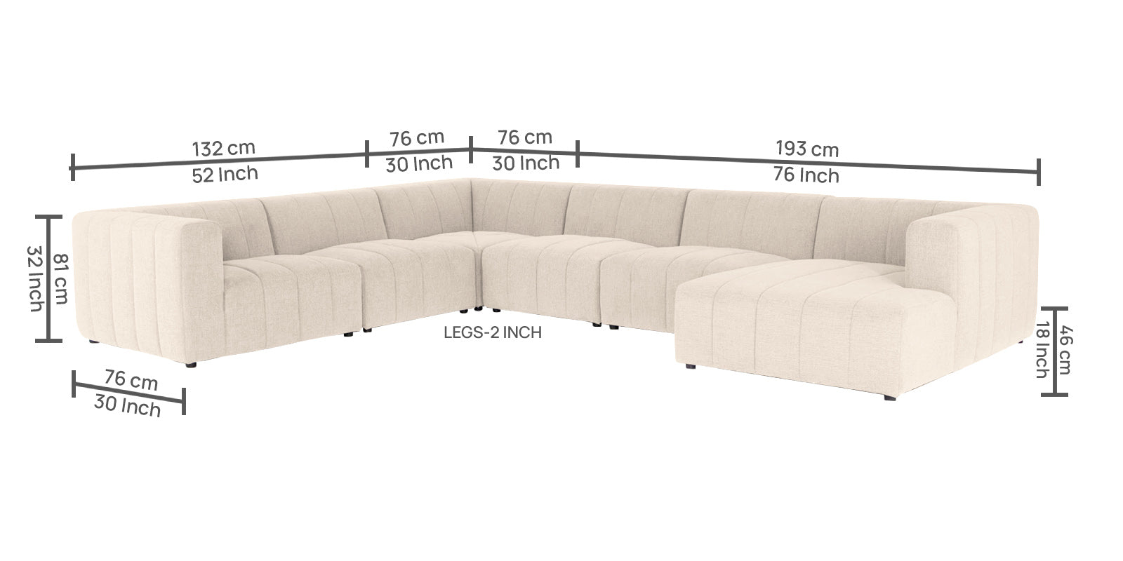 Damo Fabric RHS 8 Seater Sectional Sofa In Ivory Beige Colour