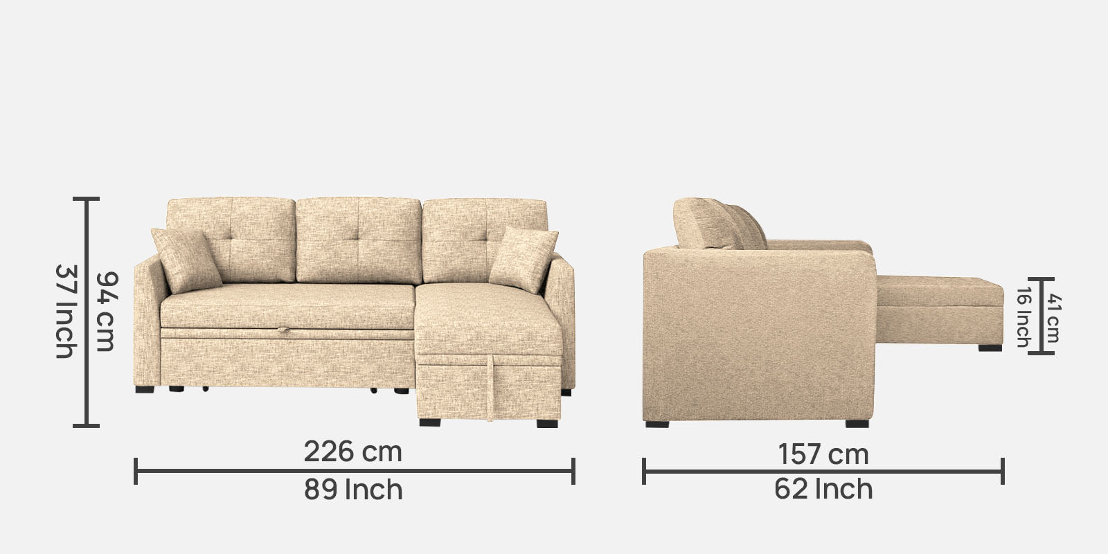 Jody Fabric 3 Seater Pull Out Sofa Cum Bed In Ivory Beige Colour