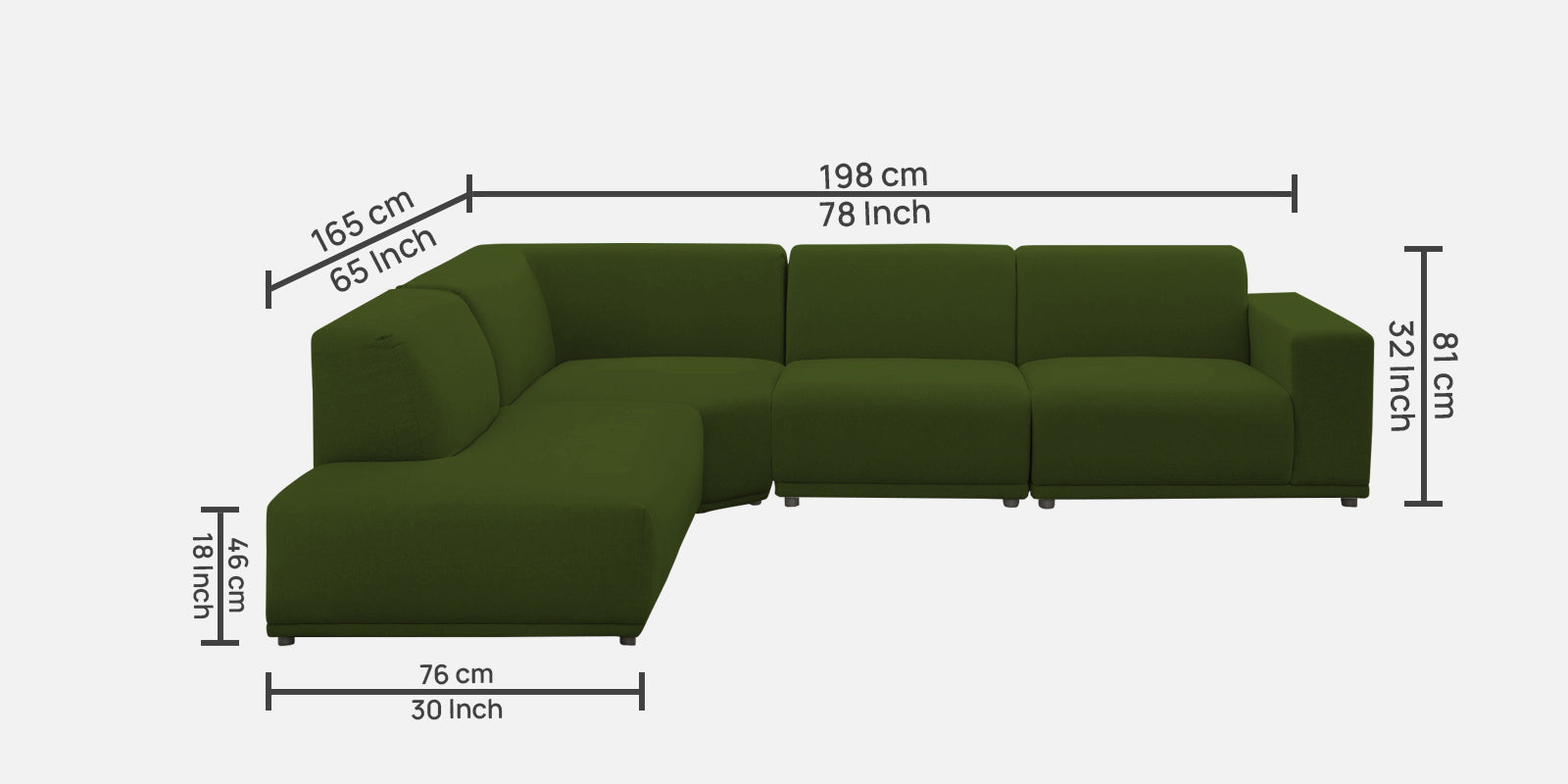 Adam Fabric LHS Sectional Sofa (3 + Lounger) In Olive Green Colour